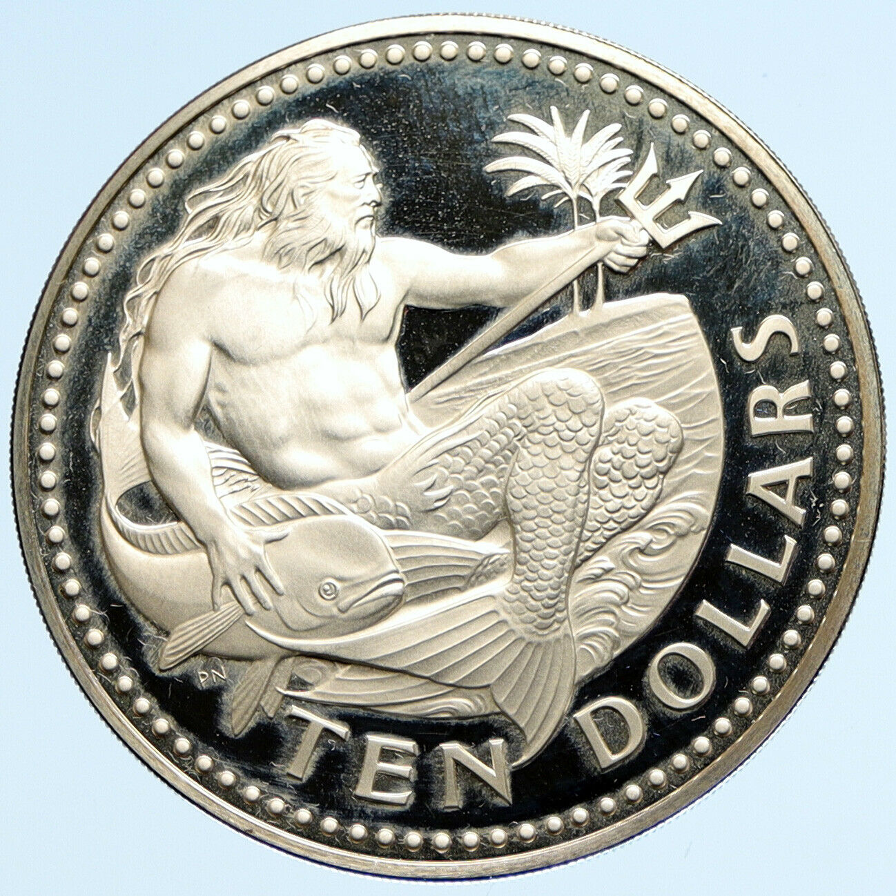 1974 BARBADOS Huge 4.2cm VINTAGE NEPTUNE Old Proof Silver 10 Dollars Coin i97126