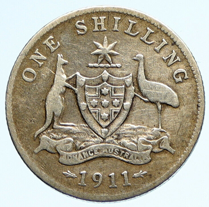 1911 AUSTRALIA UK King George V KANGAROO Antique OLD Silver Shilling Coin i97143