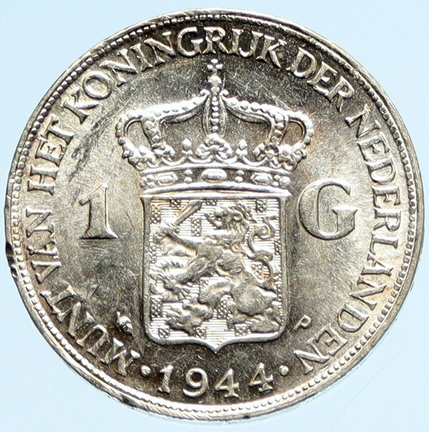 1944 NETHERLANDS Kingdom w Queen WILHELMINA Vintage Silver 1 Gulden Coin i97148