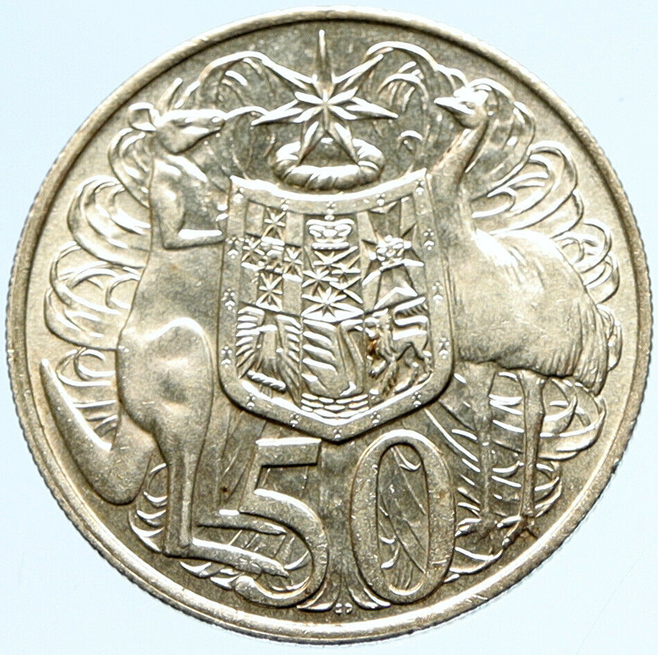 1966 AUSTRALIA UK Queen Elizabeth II with Kangaroos Silver 50 Cents Coin i97130