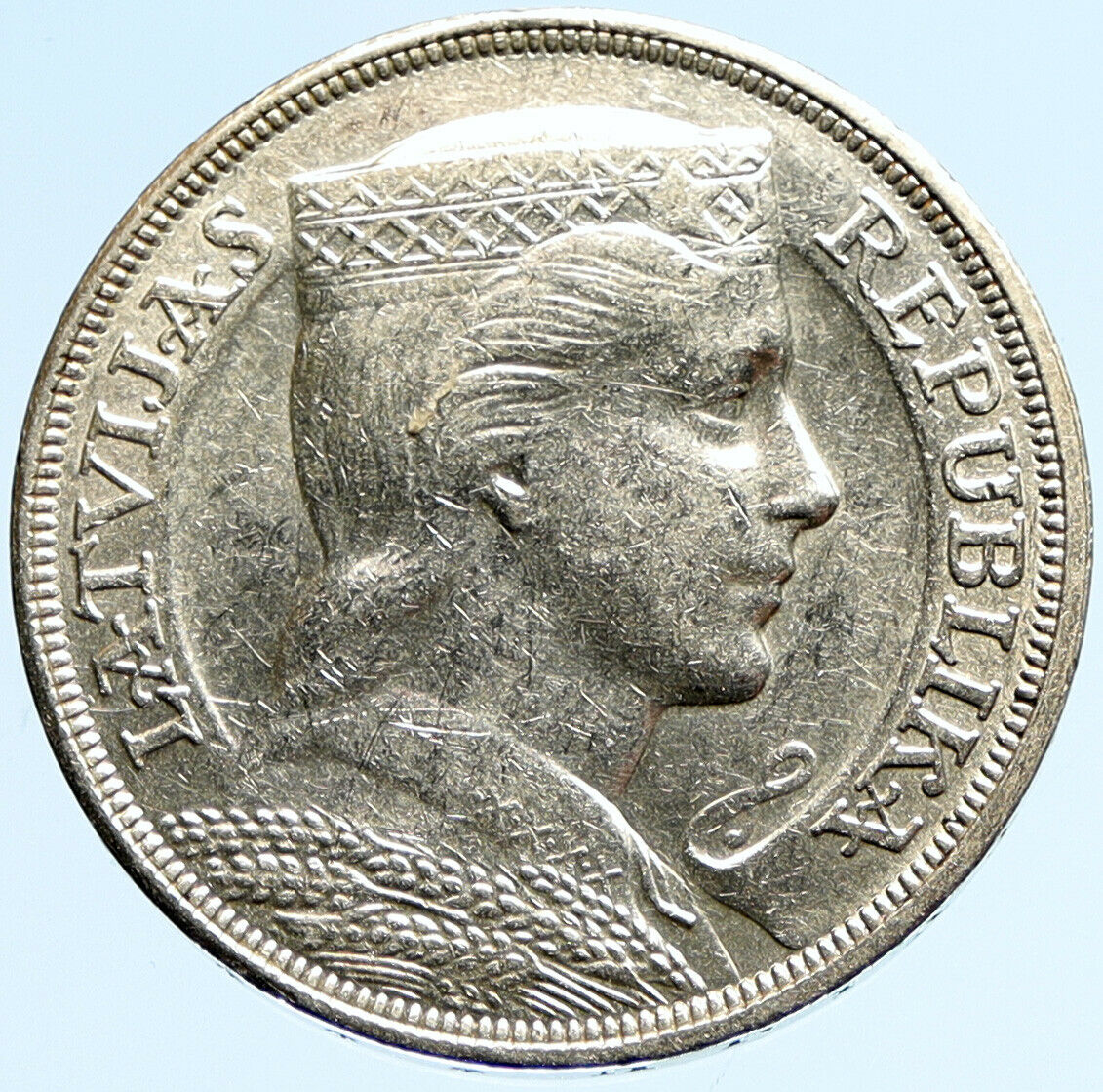 1931 LATVIA w Female Headwear 5 Lati LARGE Vintage Silver European Coin i97127