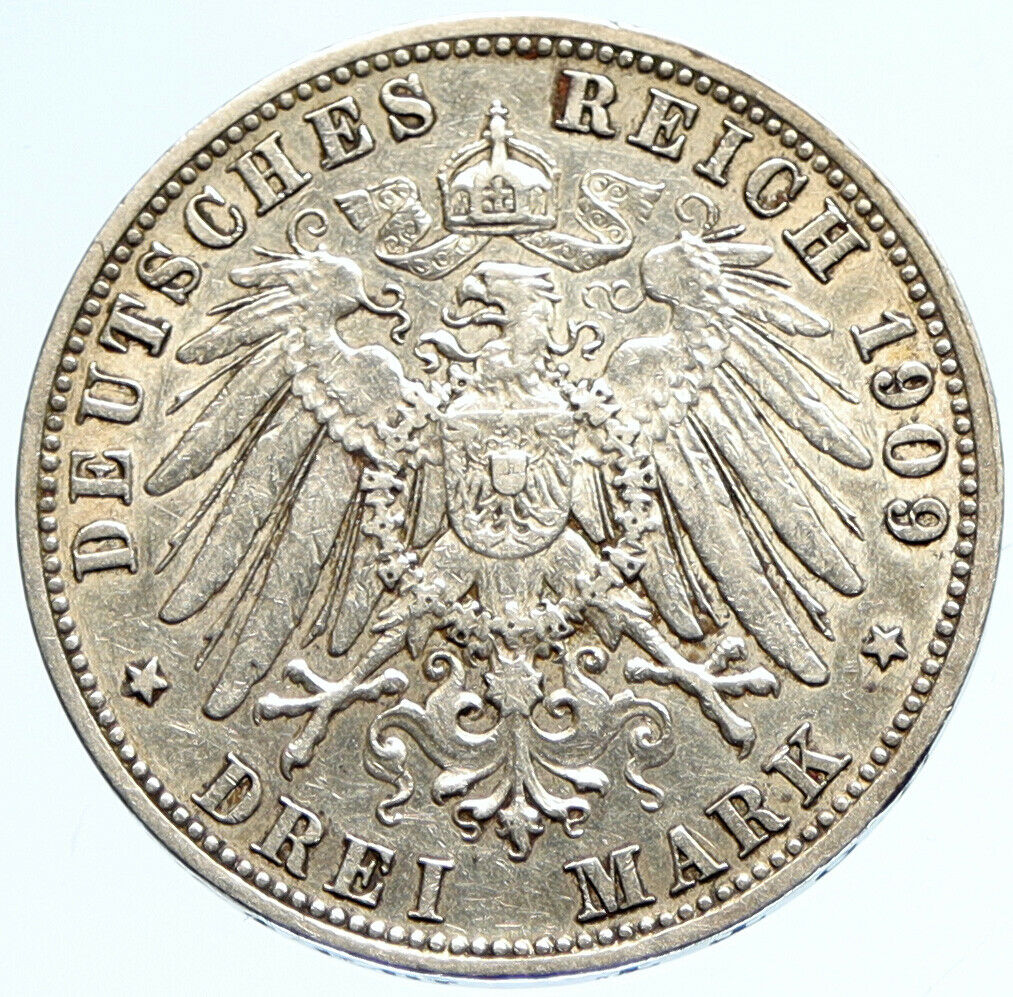 1909 D GERMANY German States BAVARIA King OTTO Silver 3 Mark Coin w EAGLE i97133