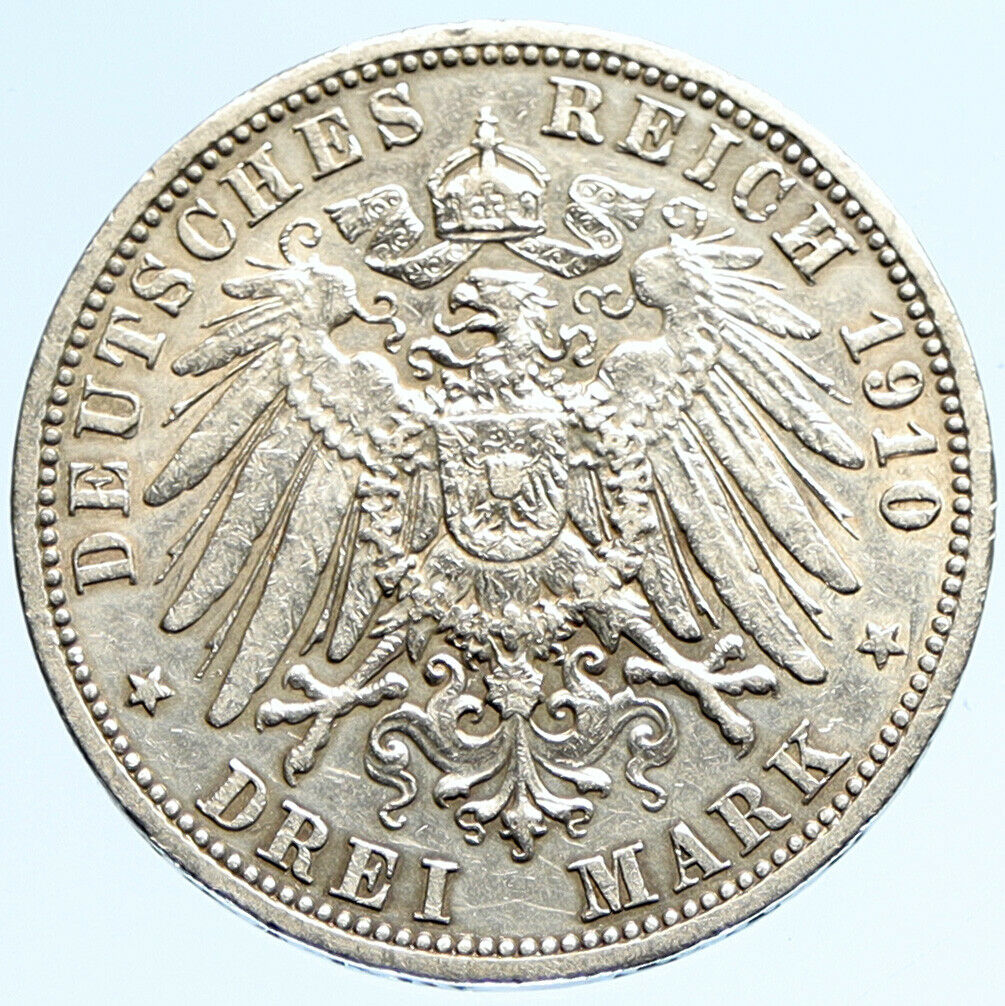 1910 PRUSSIA KINGDOM Germany WILHELM II Silver 3 Mark German Coin i97136