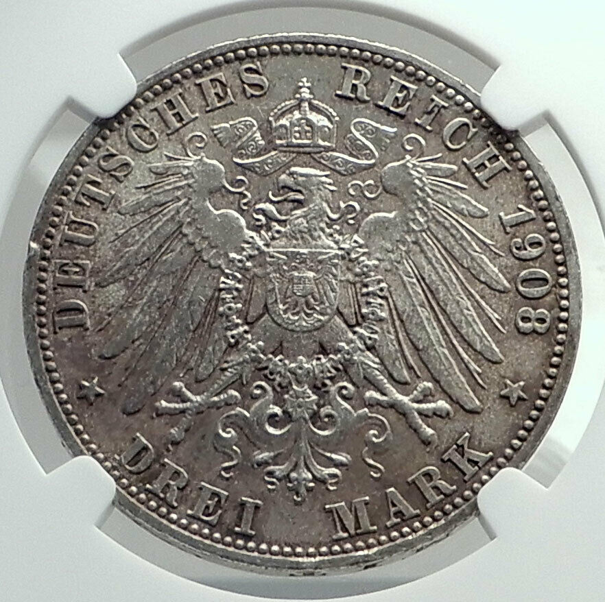 1908 GERMANY German States BAVARIA King OTTO Silver 3 Mark Coin NGC MS i79712