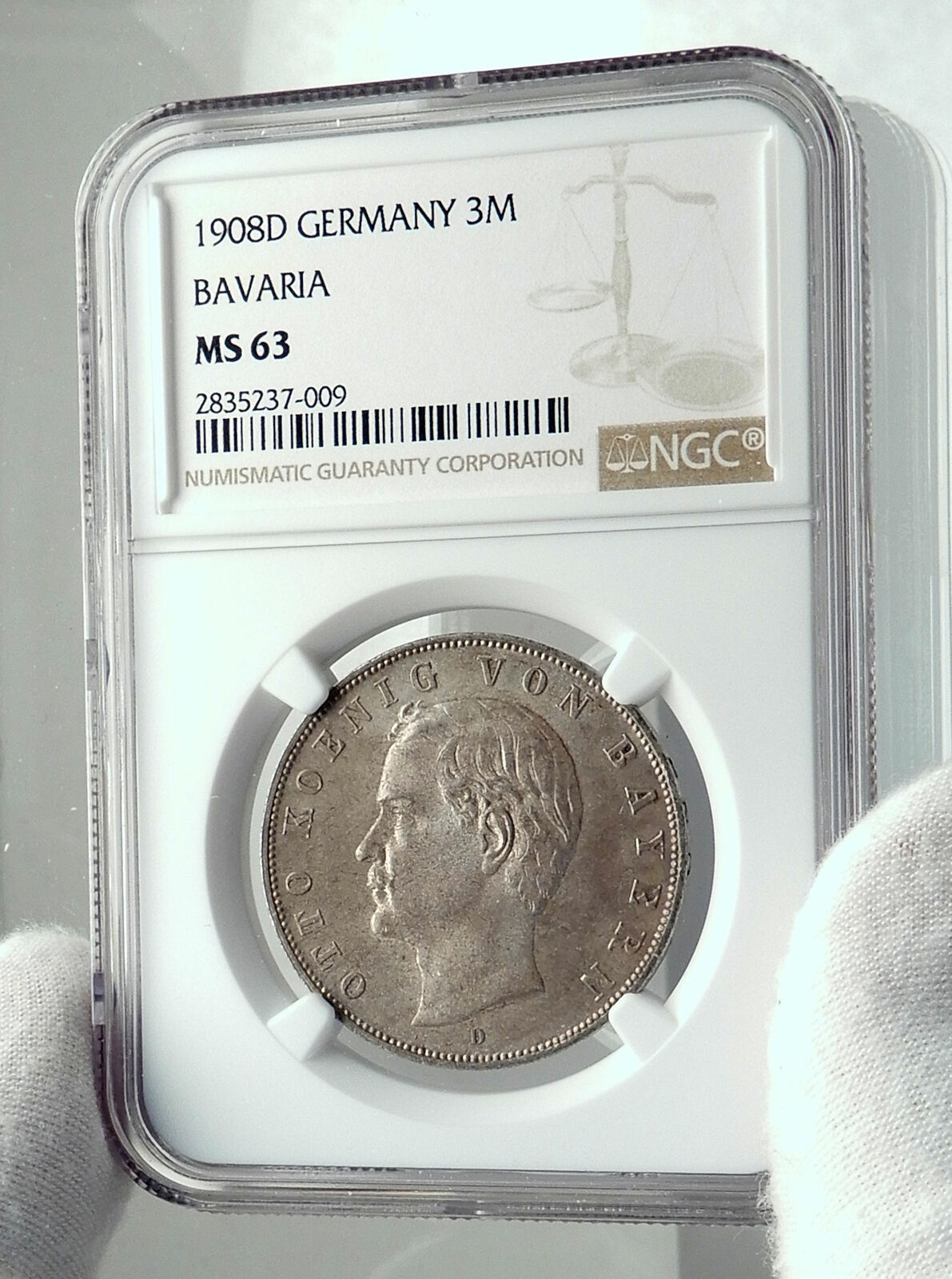 1908 GERMANY German States BAVARIA King OTTO Silver 3 Mark Coin NGC MS i79712