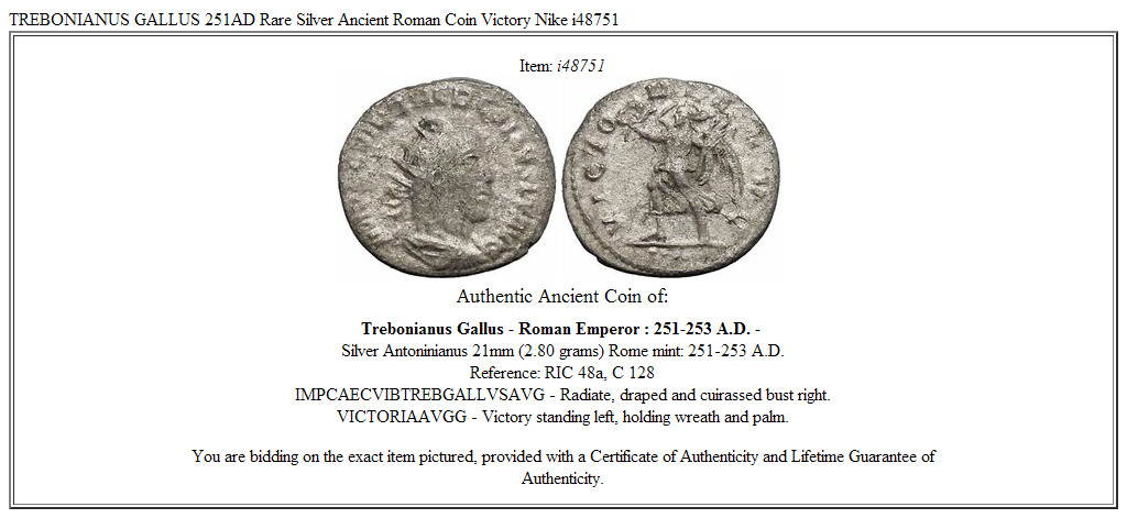 TREBONIANUS GALLUS 251AD Rare Silver Ancient Roman Coin Victory Nike i48751