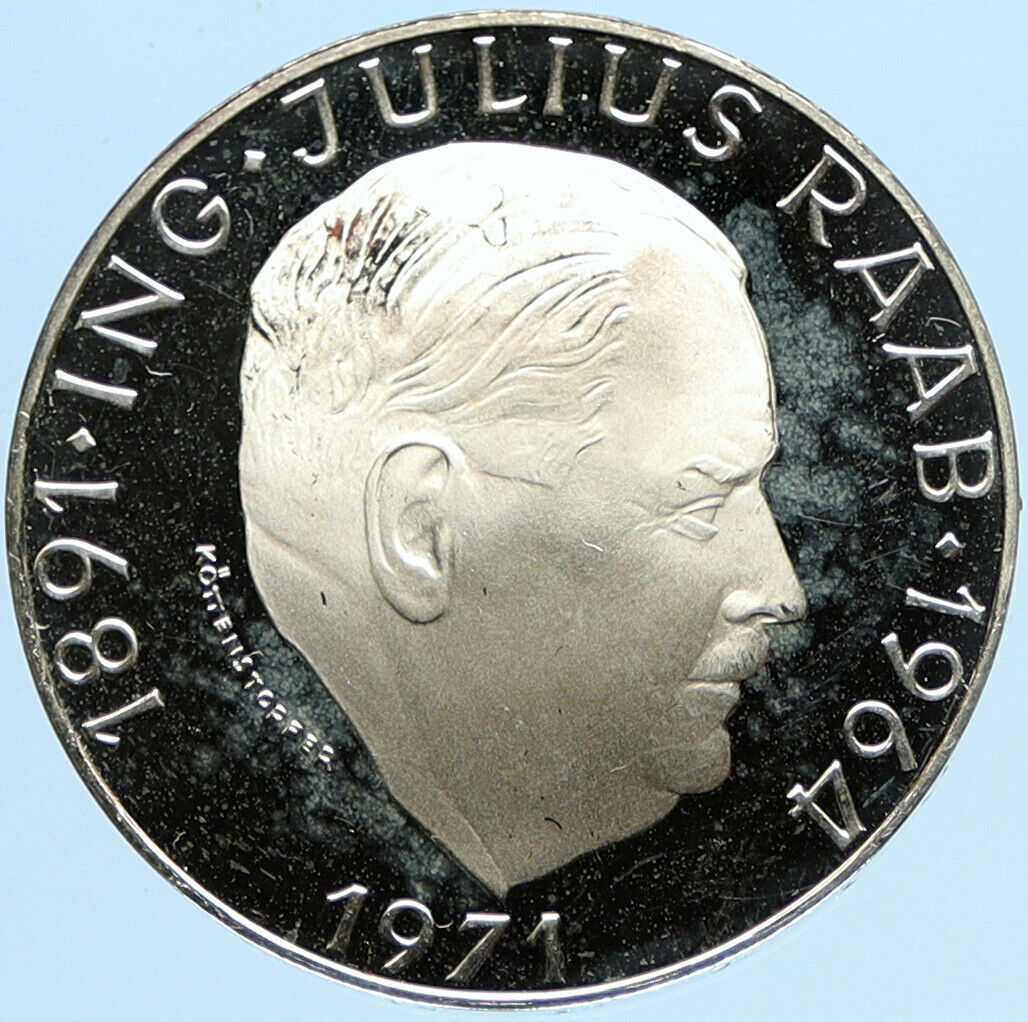 1971 AUSTRIA with Politician Julius Raab Proof Silver 50 Schilling Coin i97728