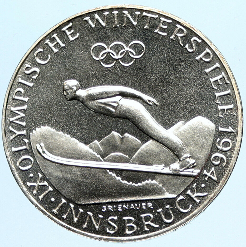 1964 AUSTRIA Innsbruck Winter Olympic Games SKIING PRF Silver 50Shlg Coin i97726