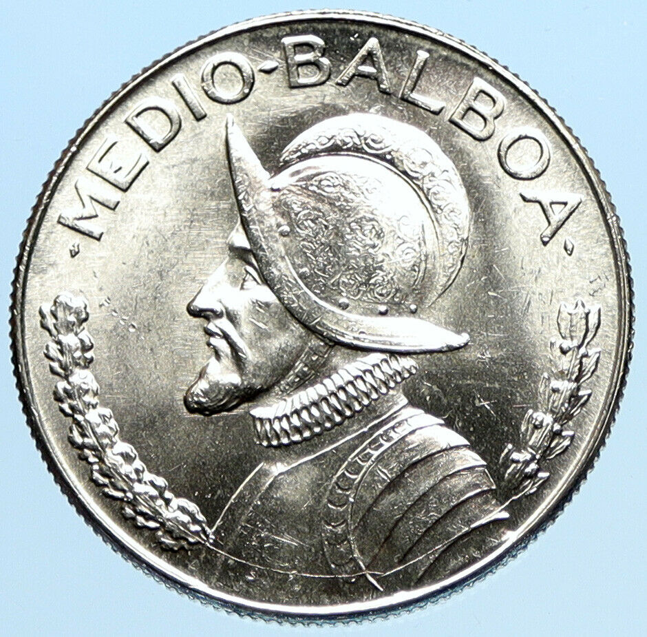 1966 PANAMA Spanish Conquistador Hero Genuine OLD Silver 1/2 BALBOA Coin i97747