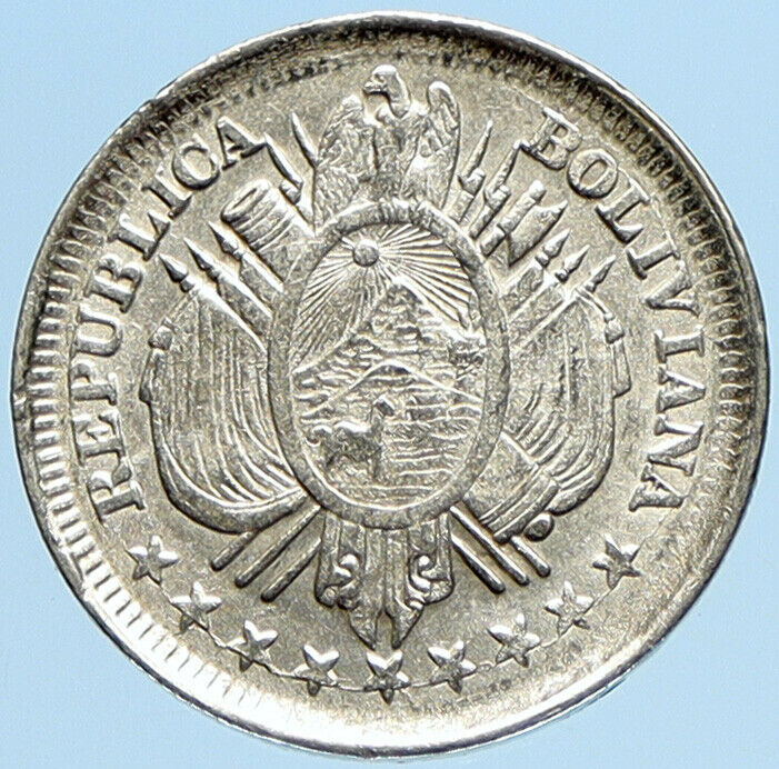 1887 PTS FE BOLIVIA Antique Floral Reef VINTAGE 20 Centavos Silver Coin i97759