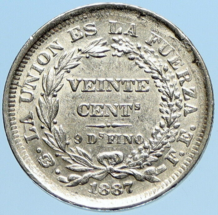 1887 PTS FE BOLIVIA Antique Floral Reef VINTAGE 20 Centavos Silver Coin i97759