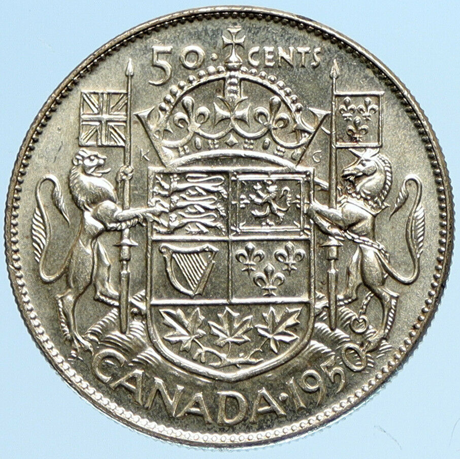 1950 CANADA UK King GEORGE VI Lions Crown Large Old SILVER 50 Cents Coin i97765