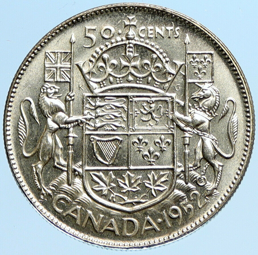 1952 CANADA UK King GEORGE VI Coat-of-Arms OLD Large SILVER 50 Cents Coin i97758