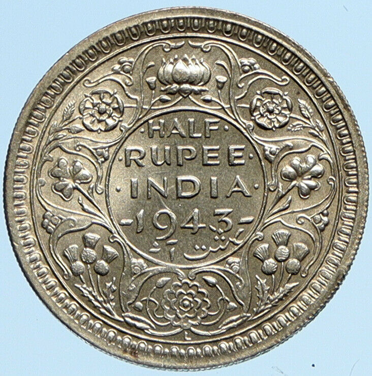 1943 L INDIA States UK George VI Antique OLD Silver 1/2 RUPEE Indian Coin i97735