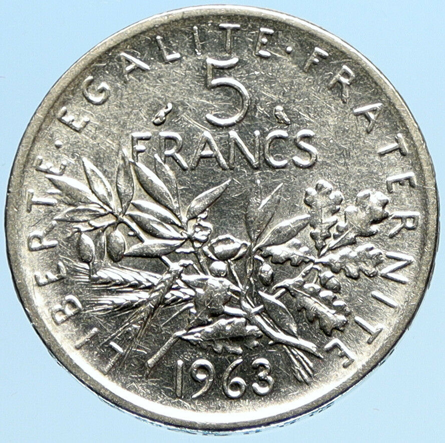 1963 FRANCE French LARGE with La Semeuse SOWER WOMAN Silver 5 Francs Coin i97752