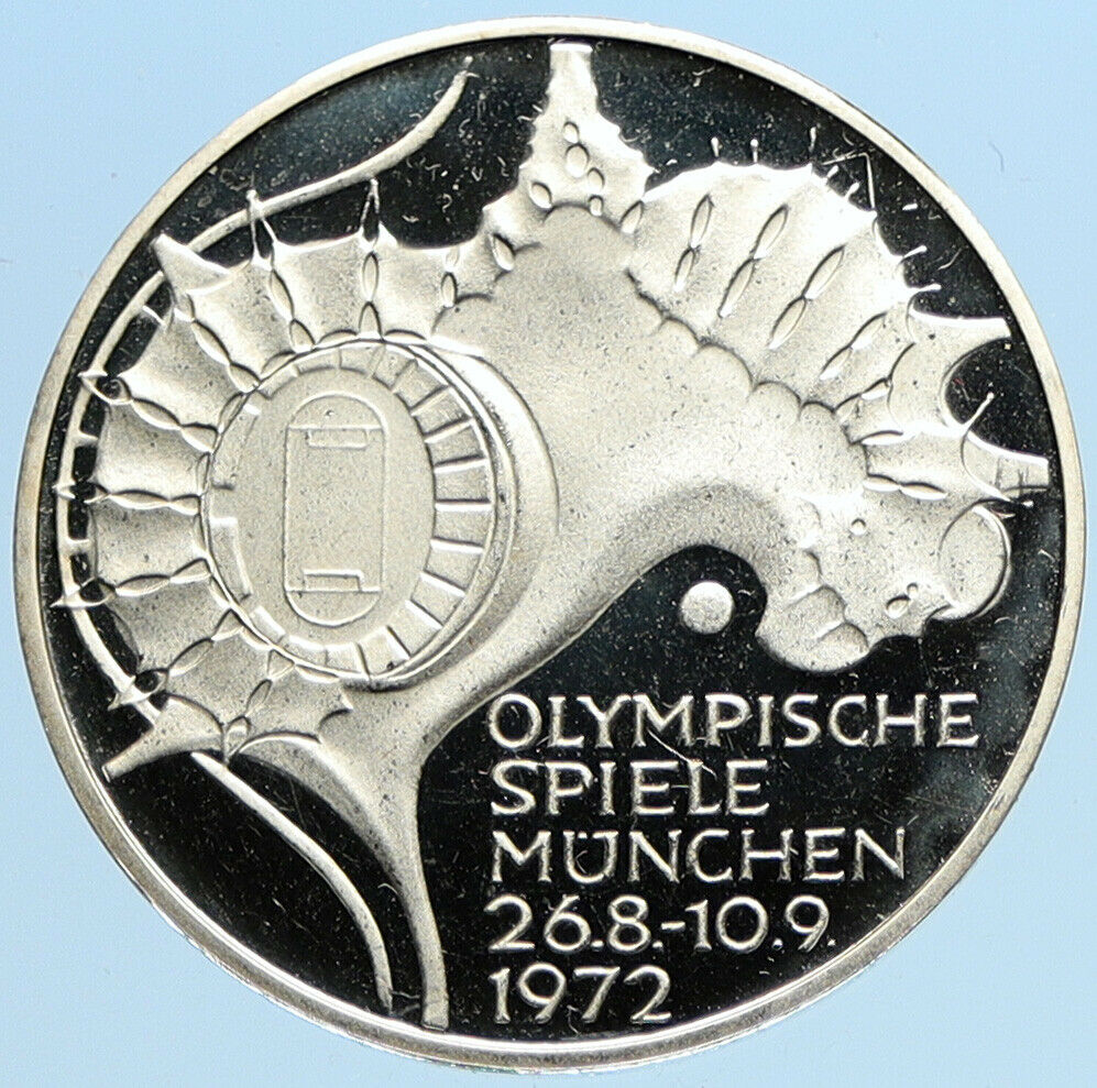 1972 G GERMANY Munich Summer Olympics Schleife 10 Mark Proof Silver Coin i97753