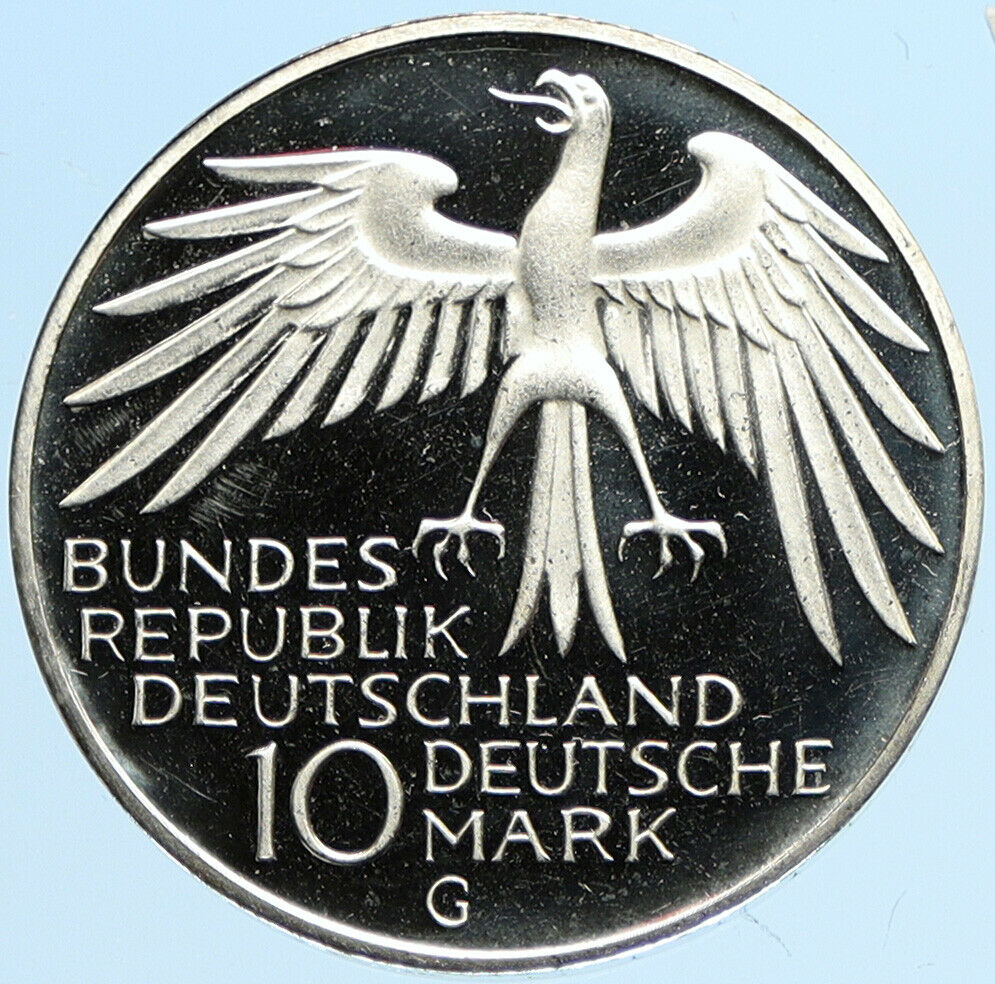 1972 G GERMANY Munich Summer Olympics Schleife 10 Mark Proof Silver Coin i97753