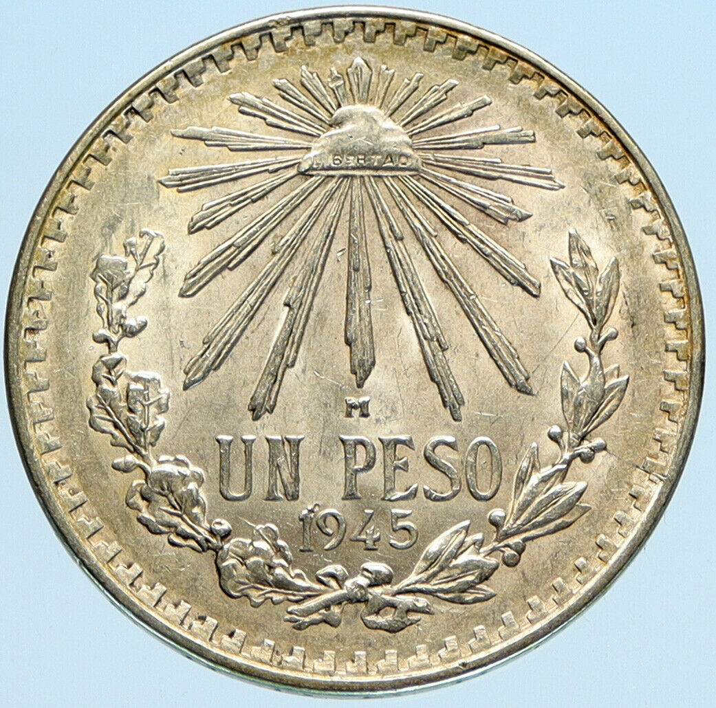 1945 Mo MEXICO Large Eagle Liberty Cap Mexican Antique Silver 1 Peso Coin i97403