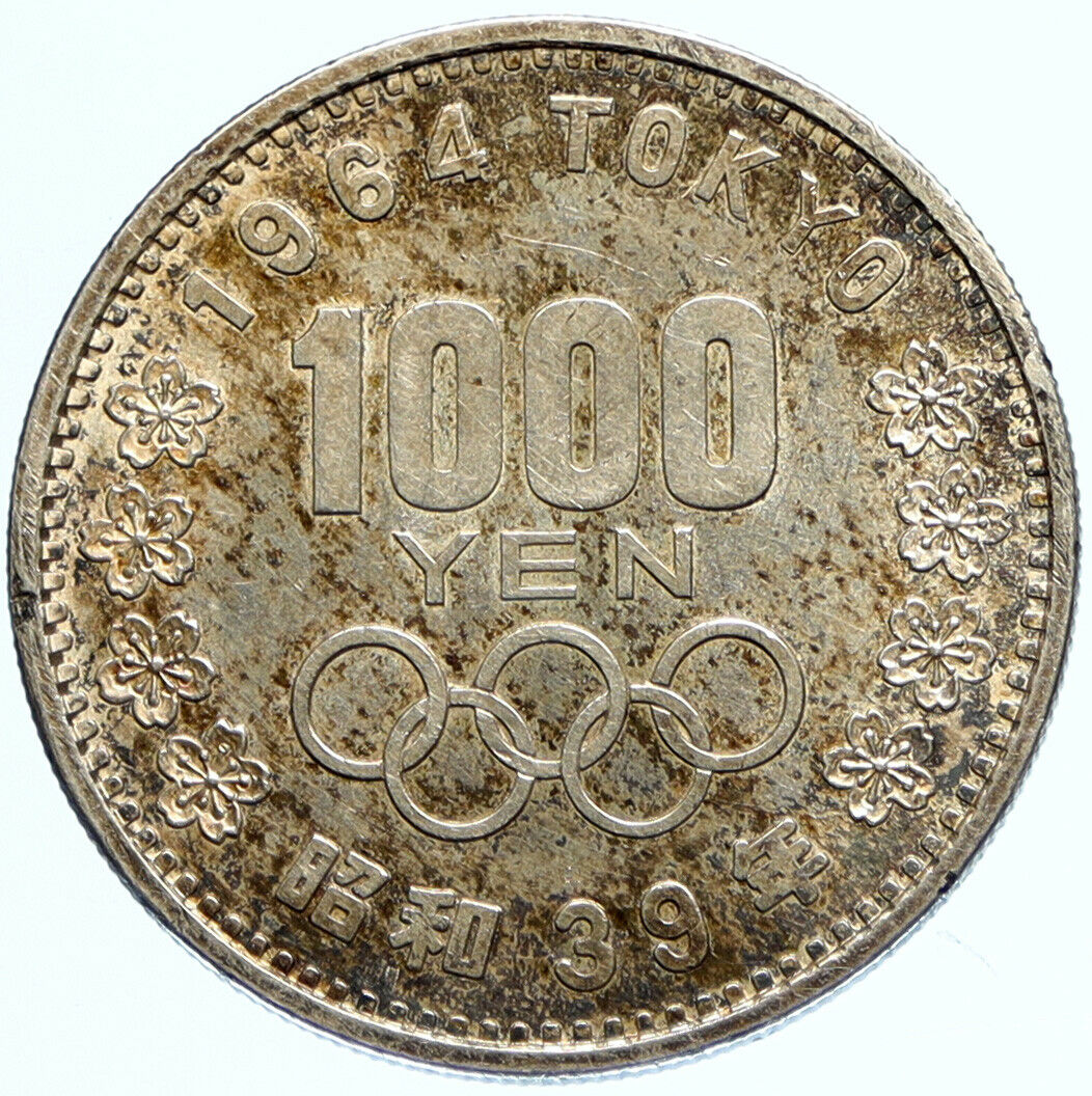 1964 JAPAN Tokyo Summer Olympic Games CHERRY MT FUJI Silver 1000Y Coin i97715