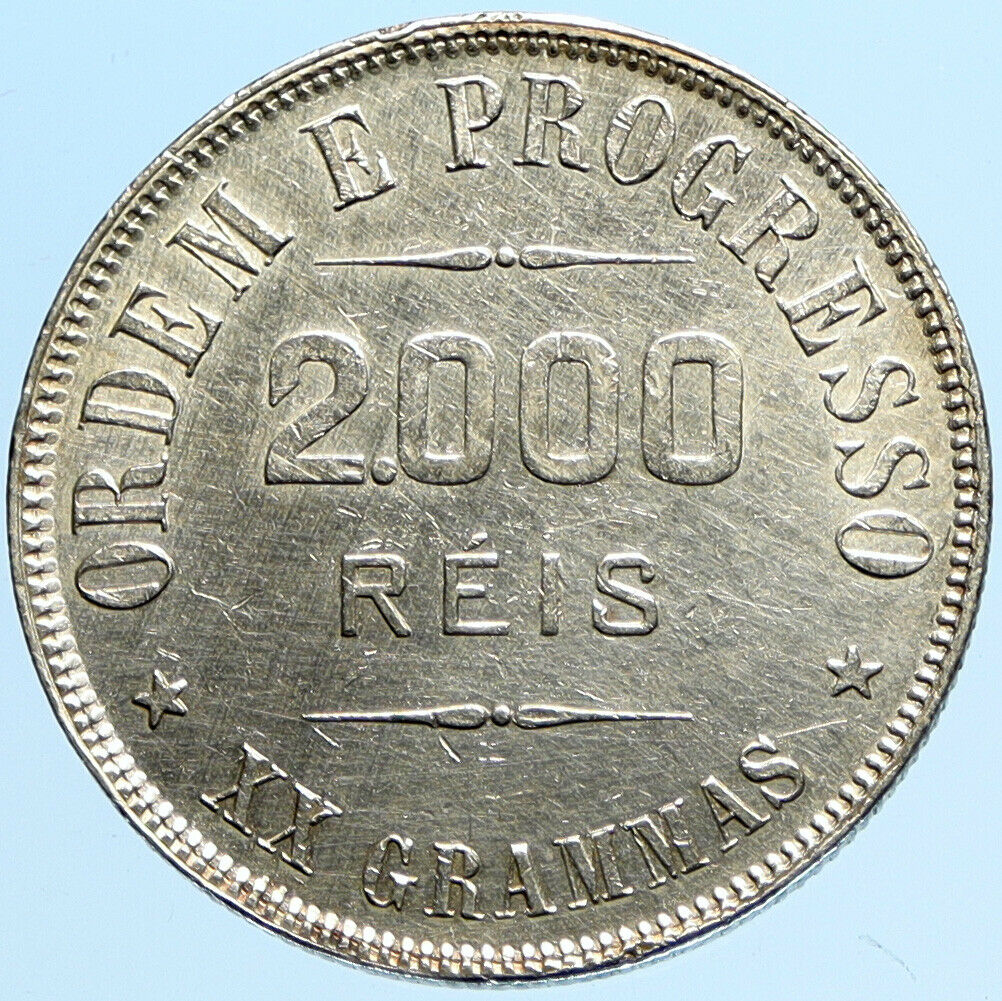 1907 BRAZIL w LIBERTY & CAP Silver OLD ANTIQUE 2000 Reis Brazilian Coin i97720