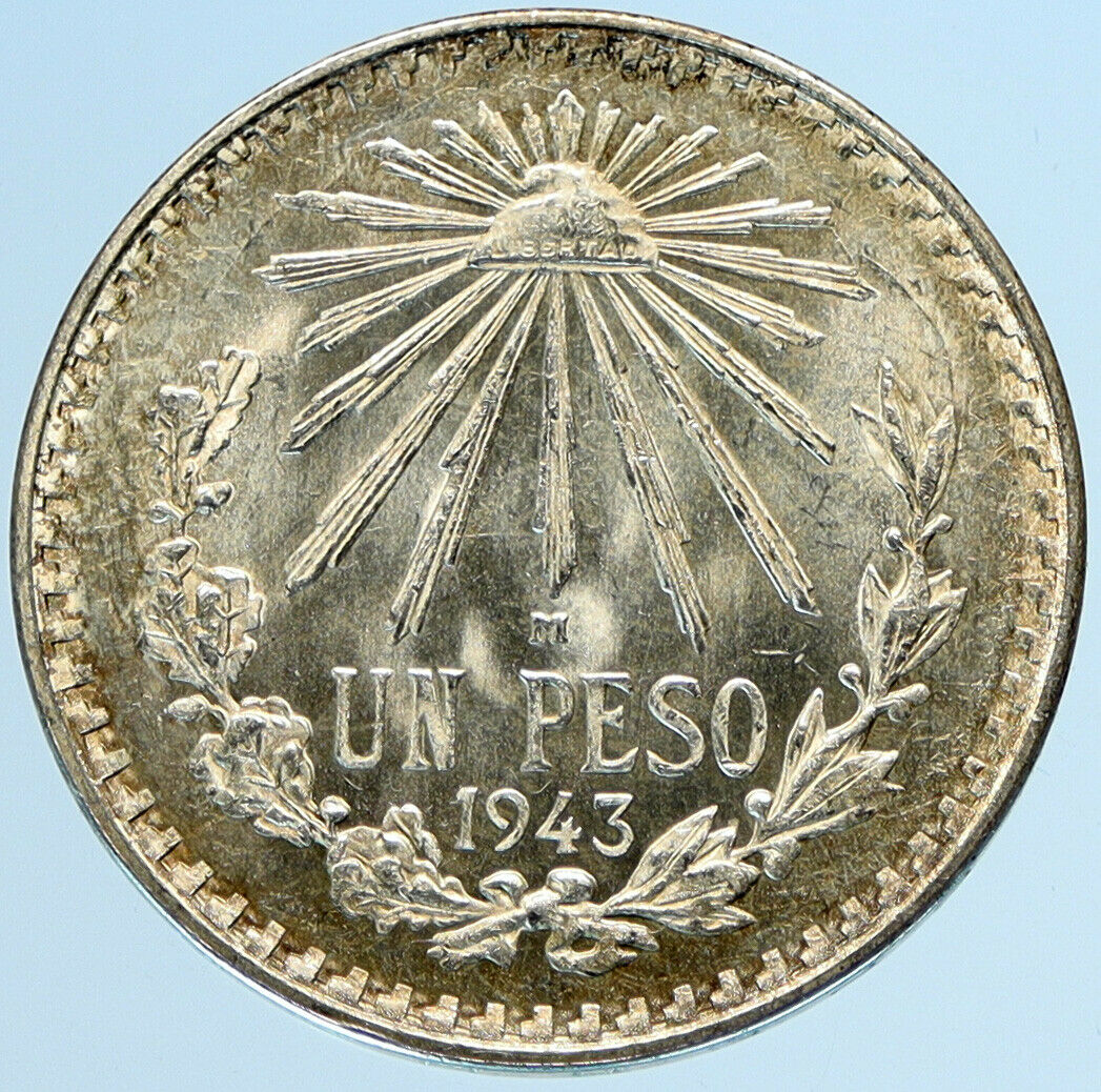 1945 Mo MEXICO Large Eagle Liberty Cap Mexican Antique Silver 1 Peso Coin i97404