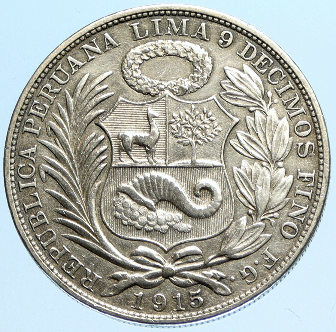 1915 PERU South America 1 SOL Antique BIG Original Silver Peruvian Coin i97714