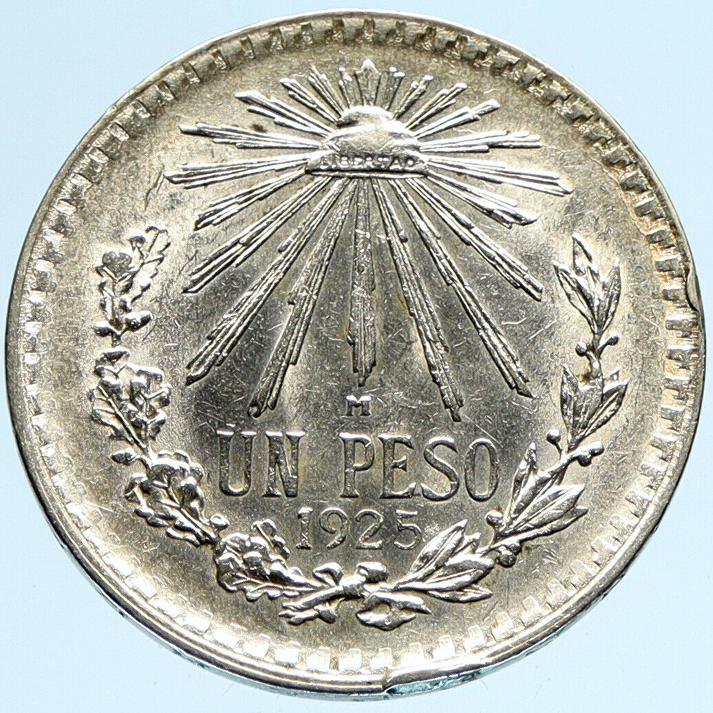 1925 Mo MEXICO Large Eagle Liberty Cap Mexican Antique Silver 1 Peso Coin i97411