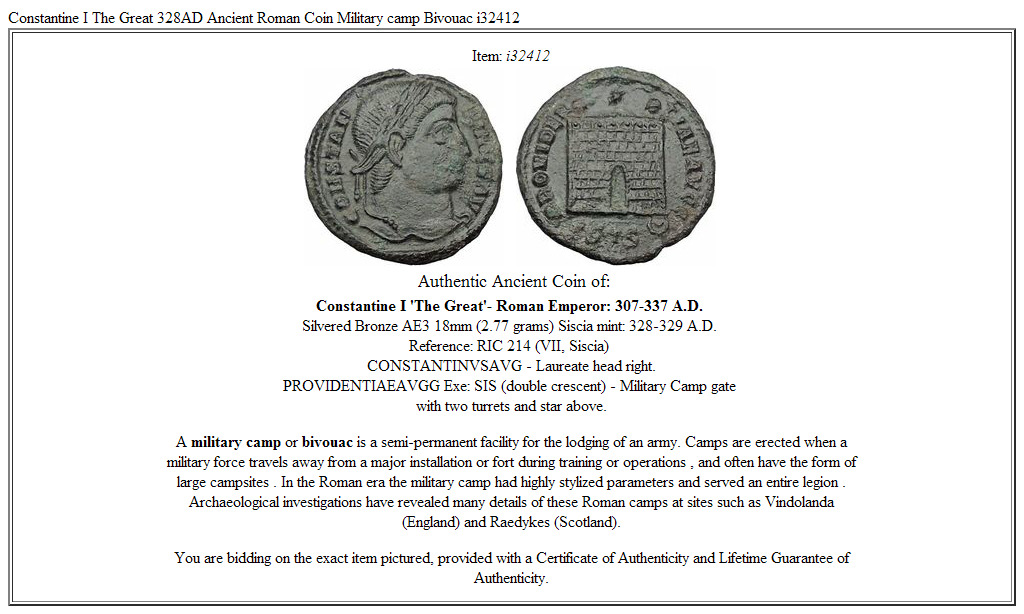 Constantine I The Great 328AD Ancient Roman Coin Military camp Bivouac i32412