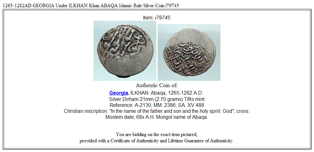 1265-1282AD GEORGIA Under ILKHAN Khan ABAQA Islamic Rule Silver Coin i79745