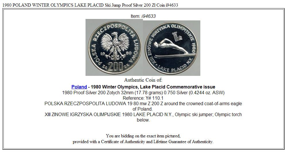 1980 POLAND WINTER OLYMPICS LAKE PLACID Ski Jump Proof Silver 200 Zl Coin i94633