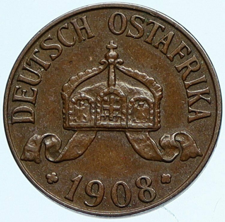 1908 J GERMAN EAST AFRICA King WILHELM II Antique Crown OLD 1 Heller Coin i97590