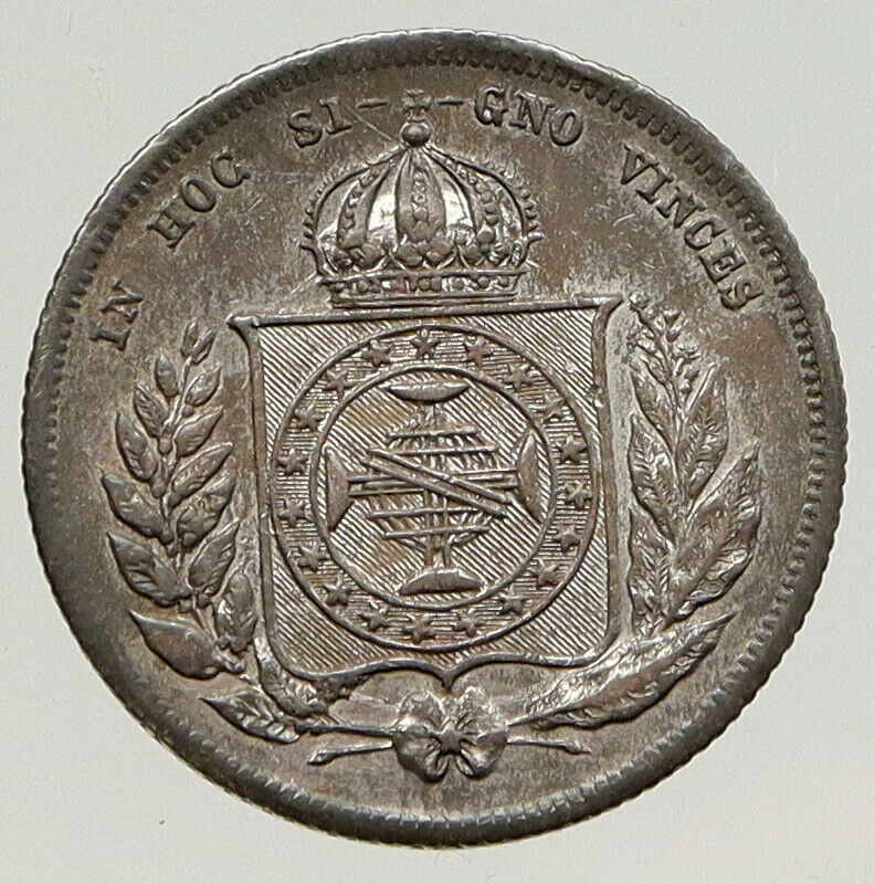 1862 BRAZIL w King Dom Pedro II Antique Brazilian Silver 200 Reis Coin i93144