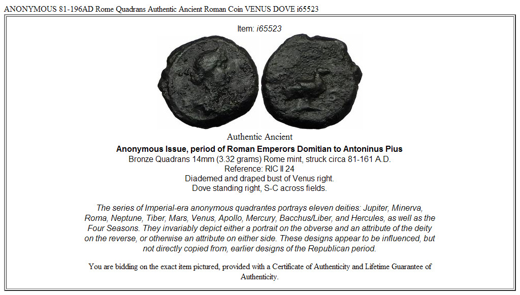 ANONYMOUS 81-196AD Rome Quadrans Authentic Ancient Roman Coin VENUS DOVE i65523