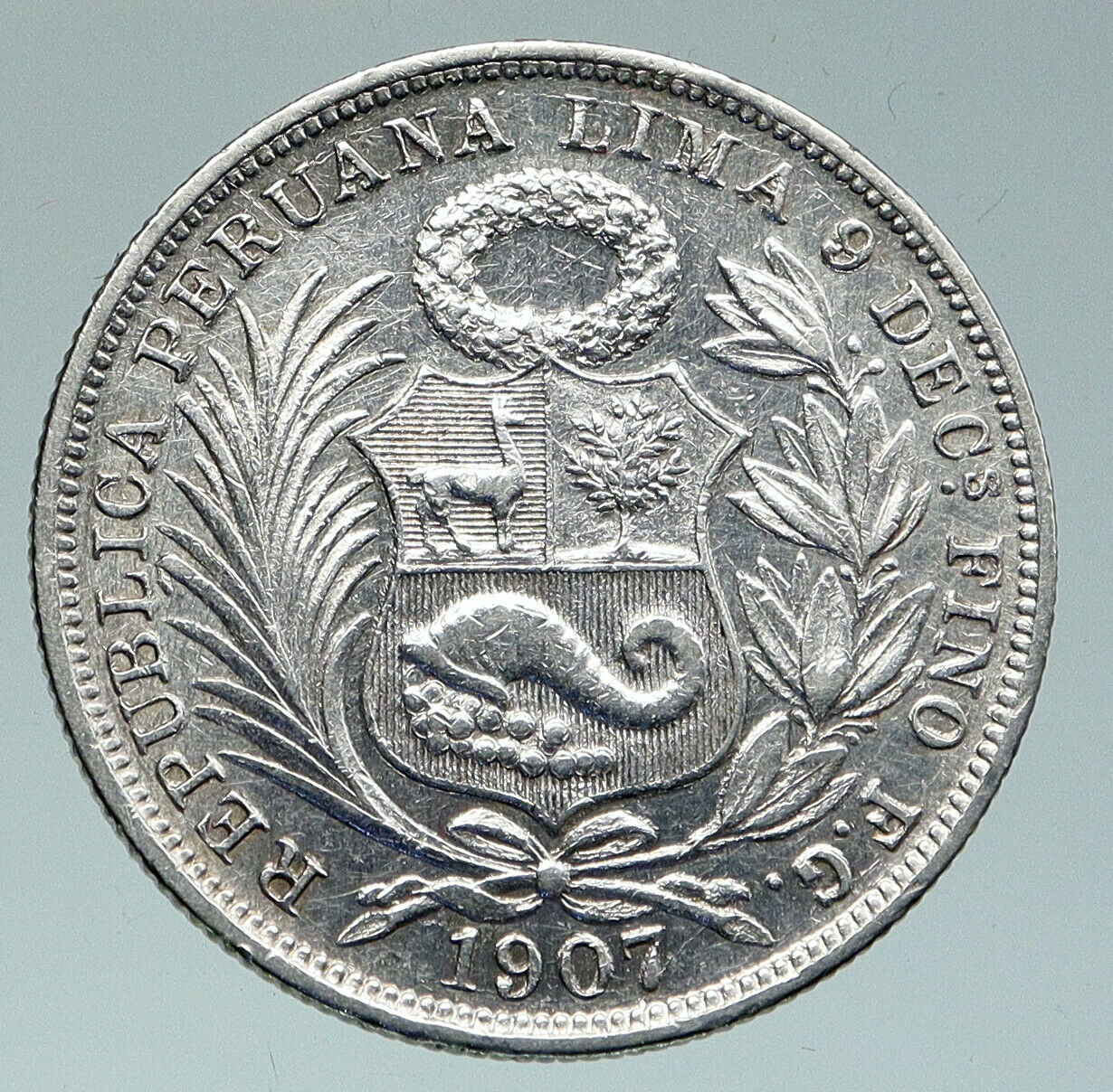 1907 PERU South America Original OLD ANTIQUE Silver Peruvian 1/2 Sol Coin i91516