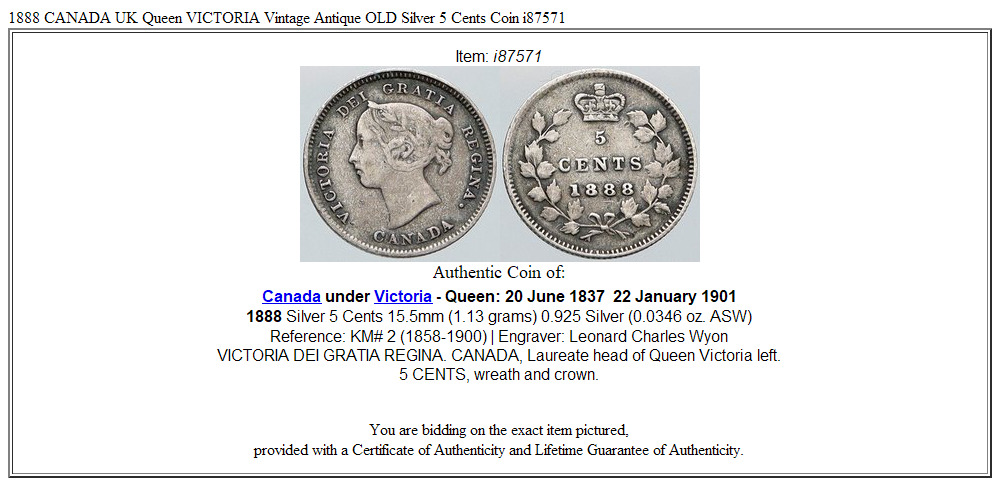 1888 CANADA UK Queen VICTORIA Vintage Antique OLD Silver 5 Cents Coin i87571