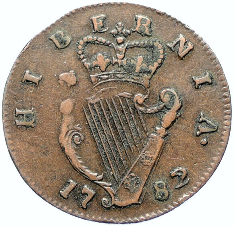 1782 IRELAND UK King George III Antique Lyre VINTAGE OLD 1/2 Penny Coin i97369