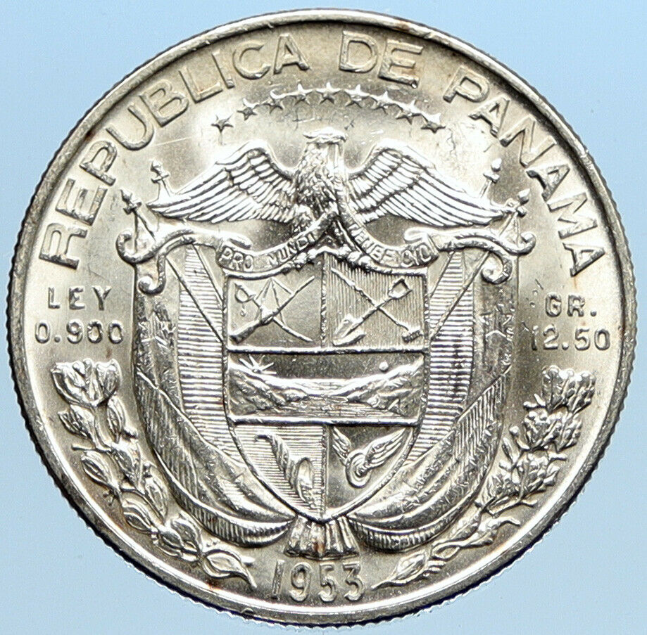 1953 PANAMA Spanish Conquistador Hero VINTAGE OLD Silver 1/2 BALBOA Coin i96850