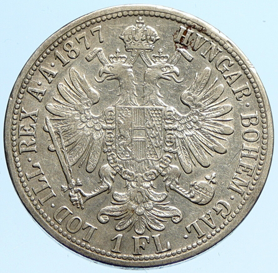 1877 AUSTRIA King FRANZ JOSEPH I Vintage Antique OLD Silver Florin Coin i97297