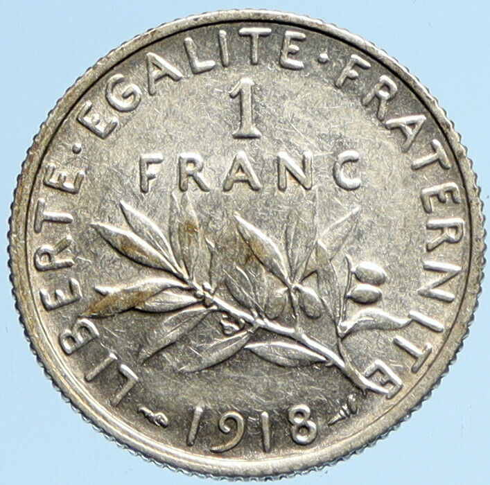 1918 FRANCE La Semeuse Sower Woman ANTIQUE OLD Silver 1 Franc French Coin i97859