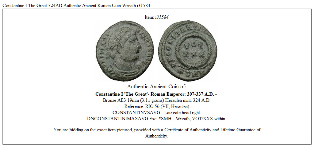 Constantine I The Great 324AD Authentic Ancient Roman Coin Wreath i31584