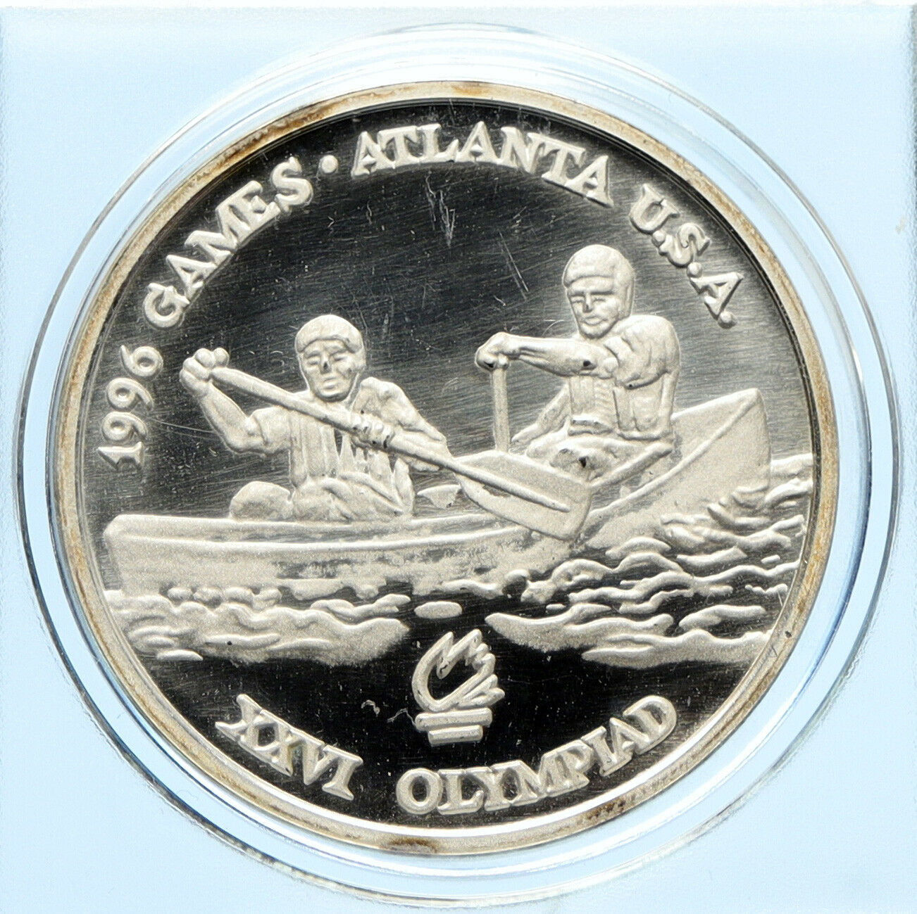 1996 ROMANIA US Atlanta Olympics CANOE SPORT Vintage Proof 100 Lei Coin i96058