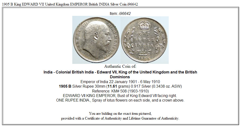 1905 B King EDWARD VII United Kingdom EMPEROR British INDIA Silver Coin i96642