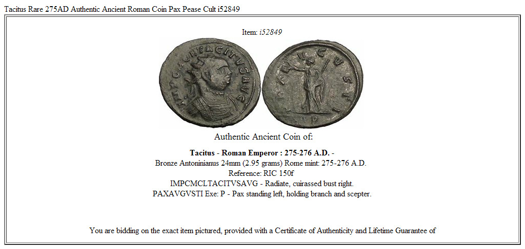 Tacitus Rare 275AD Authentic Ancient Roman Coin Pax Pease Cult i52849