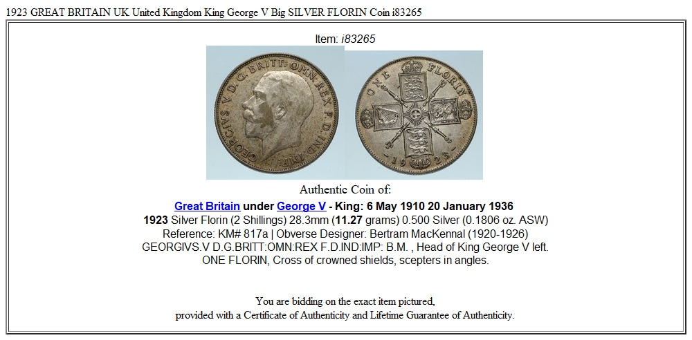 1923 GREAT BRITAIN UK United Kingdom King George V Big SILVER FLORIN Coin i83265