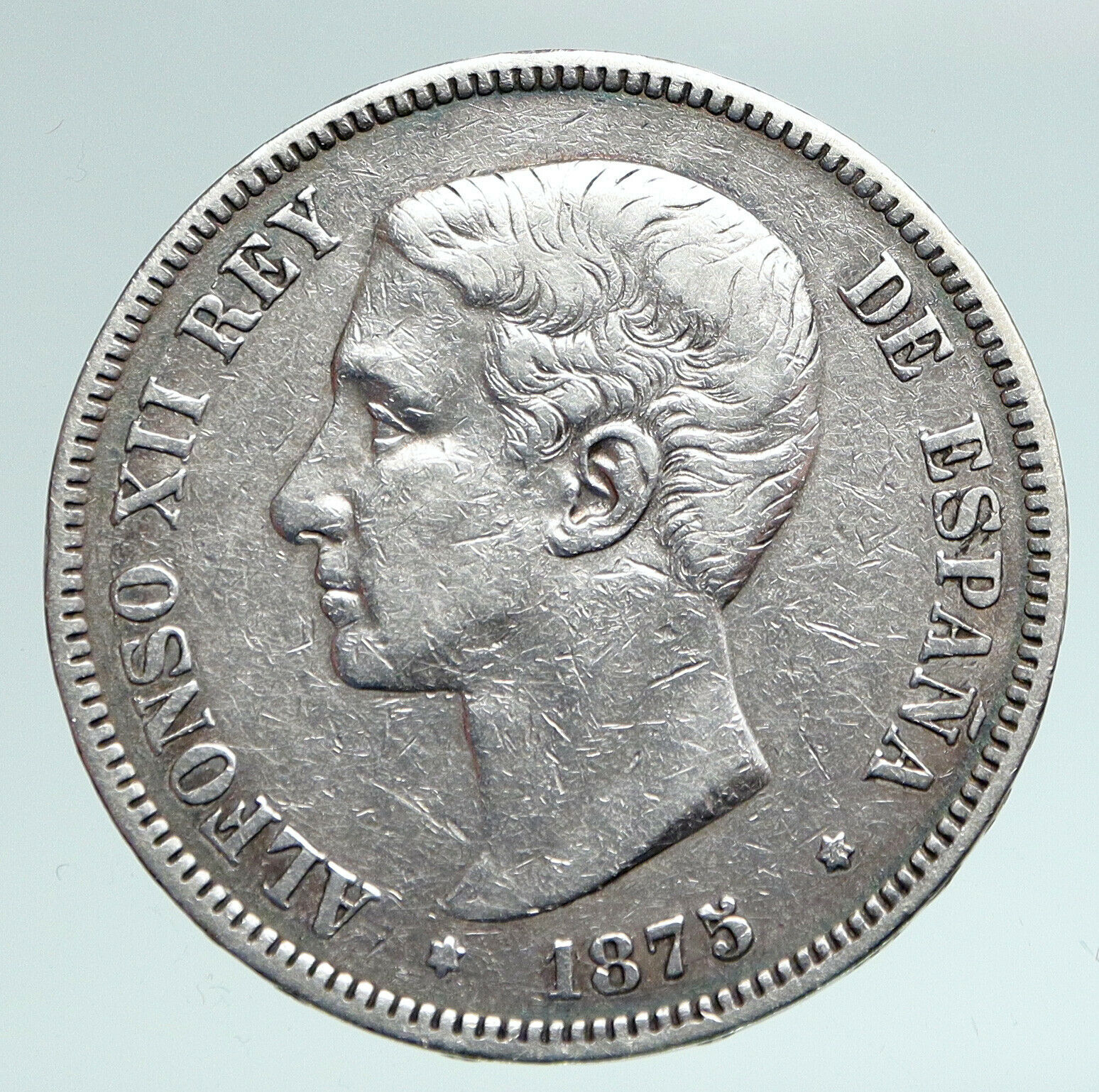 1875 SPAIN w King ALFONSO XII Antique OLD Silver 5 Pesetas SPANISH Coin i90938