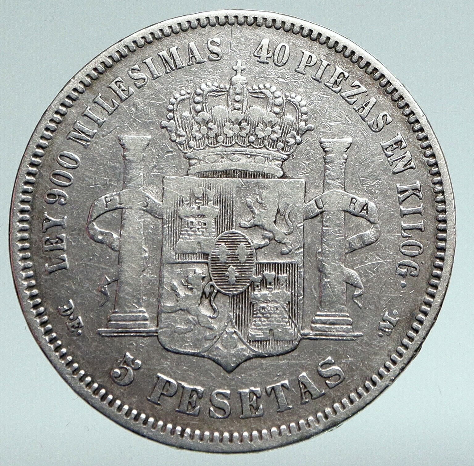 1875 SPAIN w King ALFONSO XII Antique OLD Silver 5 Pesetas SPANISH Coin i90938