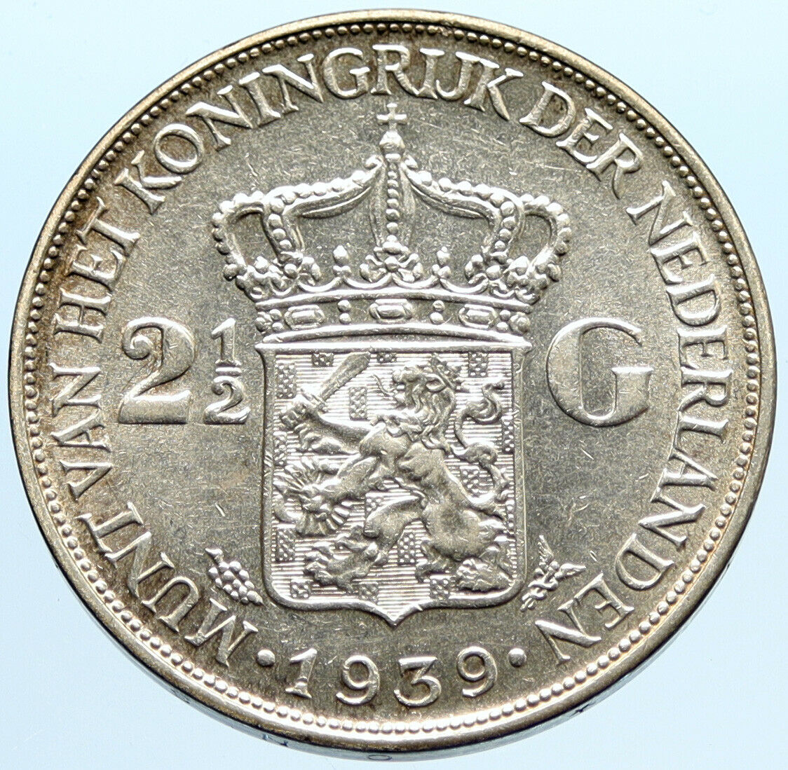 1939 Netherlands Kingdom Queen WILHELMINA 2 1/2 Gulden BIG Silver Coin i96632