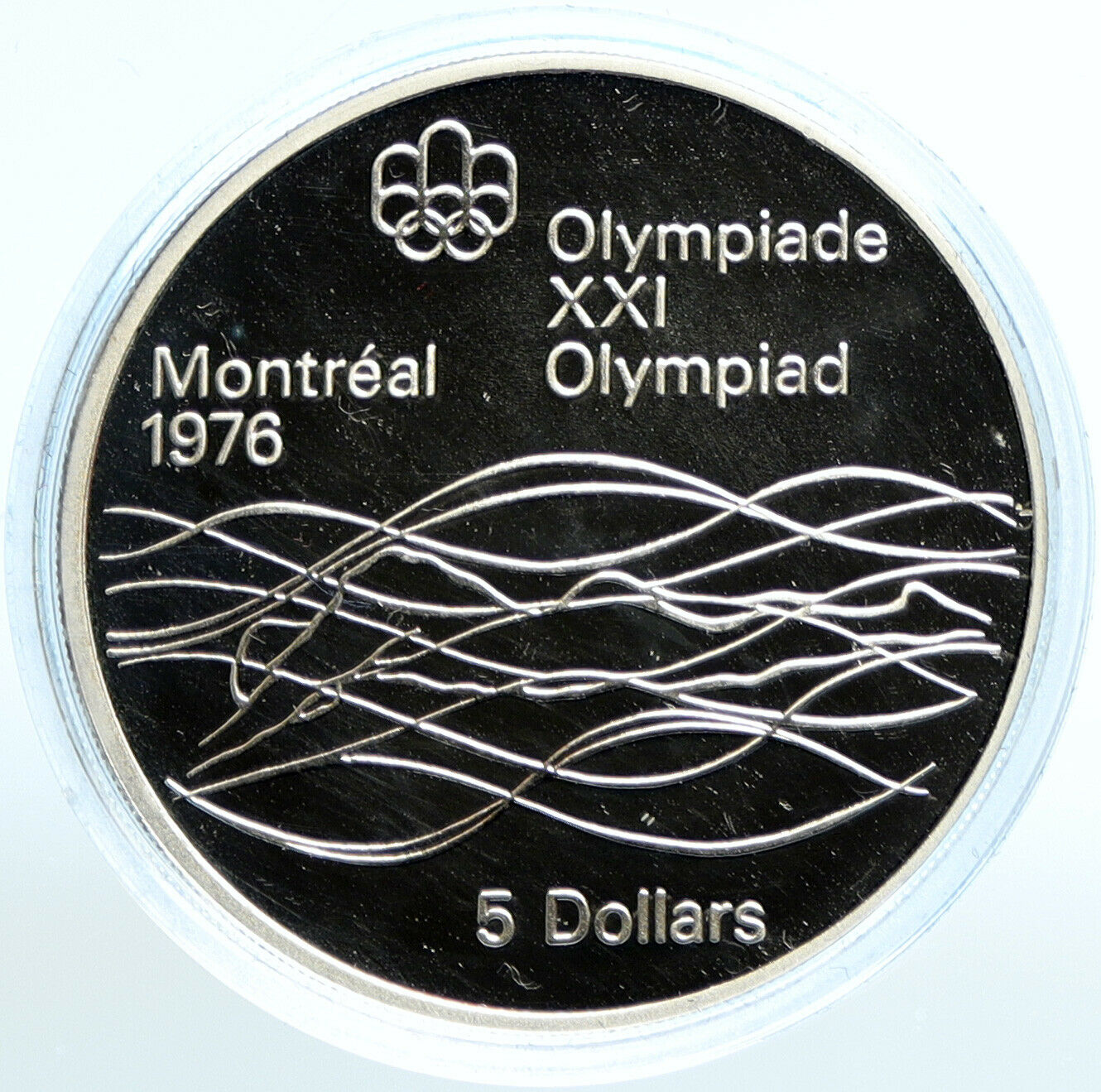 1975 CANADA Elizabeth II Olympics Montreal Swimming PROOF Silver $5 Coin i99065