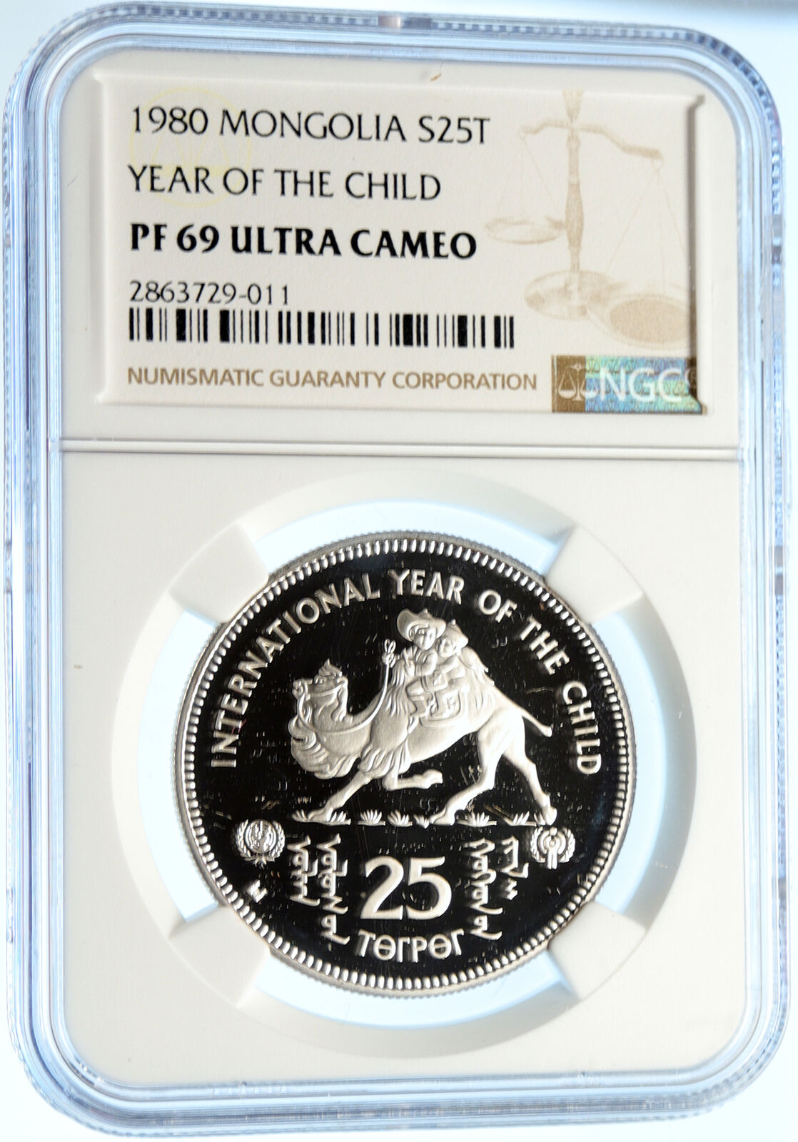 1980 MONGOLIA Year of the Child VINTAGE OLD Silver 25 Togrog Coin NGC i99390