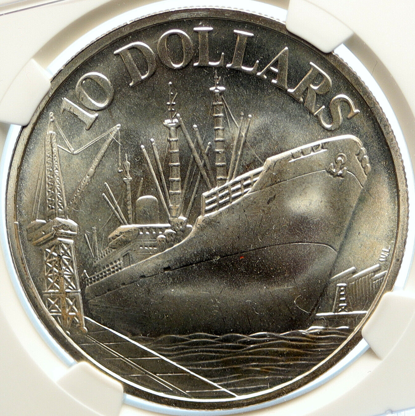 1975 SINGAPORE 10th Yr Independence CARGO SHIP Silver 10 Dollars Coin NGC i99393